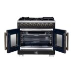 Forno Capriasca 36 Inch Freestanding French Door Dual Fuel Range in Black with Antique Brass Accessories, 6 Burners, True Convection Oven