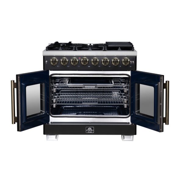 Forno Capriasca 36 Inch Freestanding French Door Dual Fuel Range in Black with Antique Brass Accessories, 6 Burners, True Convection Oven