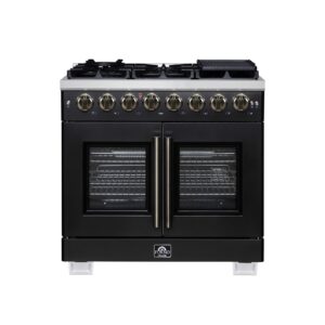 Forno Capriasca 36 Inch Freestanding French Door Dual Fuel Range in Black with Antique Brass Accessories, 6 Burners, True Convection Oven