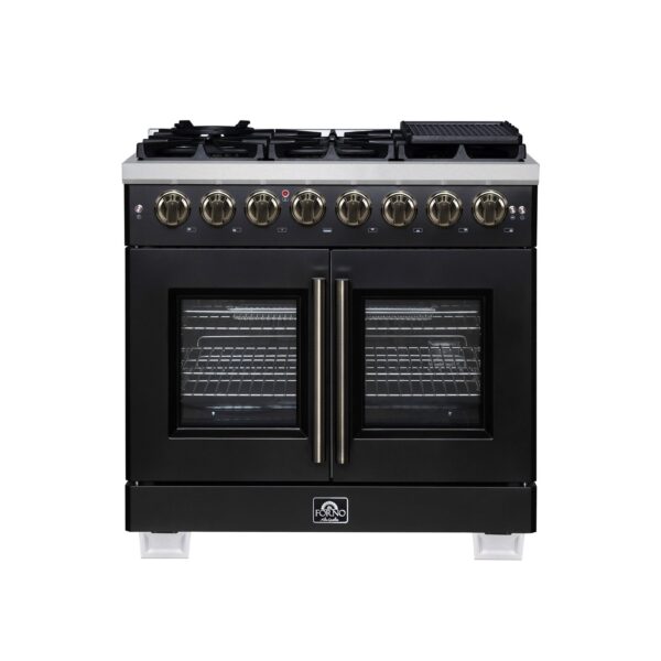 Forno Capriasca 36 Inch Freestanding French Door Dual Fuel Range in Black with Antique Brass Accessories, 6 Burners, True Convection Oven