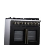 Forno Capriasca 36 Inch Freestanding French Door Dual Fuel Range in Black with Antique Brass Accessories, 6 Burners, True Convection Oven