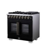 Forno Capriasca 36 Inch Freestanding French Door Dual Fuel Range in Black with Antique Brass Accessories, 6 Burners, True Convection Oven