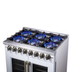 Forno Capriasca 36 Inch Freestanding French Door Dual Fuel Range in White with Antique Brass Accessories, 6 Burners, True Convection Oven