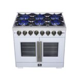 Forno Capriasca 36 Inch Freestanding French Door Dual Fuel Range in White with Antique Brass Accessories, 6 Burners, True Convection Oven
