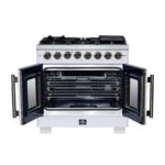 Forno Capriasca 36 Inch Freestanding French Door Dual Fuel Range in White with Antique Brass Accessories, 6 Burners, True Convection Oven