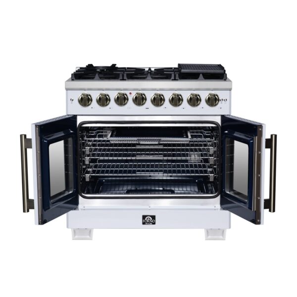 Forno Capriasca 36 Inch Freestanding French Door Dual Fuel Range in White with Antique Brass Accessories, 6 Burners, True Convection Oven