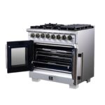 Forno Capriasca 36 Inch Freestanding French Door Dual Fuel Range in White with Antique Brass Accessories, 6 Burners, True Convection Oven