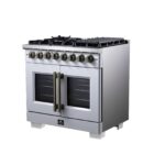 Forno Capriasca 36 Inch Freestanding French Door Dual Fuel Range in White with Antique Brass Accessories, 6 Burners, True Convection Oven