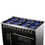 Forno Capriasca 48 Inch Freestanding French Door Dual Fuel Range in Black with Antique Brass Accessories, 8 Burners, True Convection Oven
