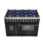 Forno Capriasca 48 Inch Freestanding French Door Dual Fuel Range in Black with Antique Brass Accessories, 8 Burners, True Convection Oven