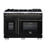 Forno Capriasca 48 Inch Freestanding French Door Dual Fuel Range in Black with Antique Brass Accessories, 8 Burners, True Convection Oven