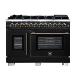 Forno Capriasca 48 Inch Freestanding French Door Dual Fuel Range in Black with Antique Brass Accessories, 8 Burners, True Convection Oven