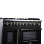 Forno Capriasca 48 Inch Freestanding French Door Dual Fuel Range in Black with Antique Brass Accessories, 8 Burners, True Convection Oven