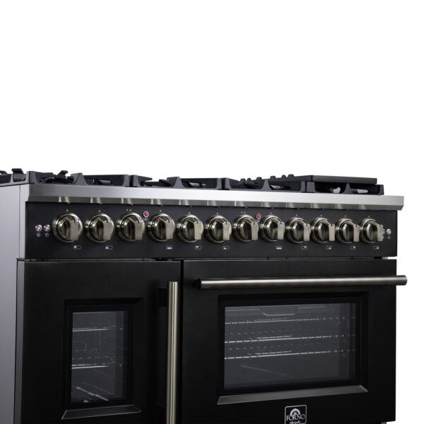 Forno Capriasca 48 Inch Freestanding French Door Dual Fuel Range in Black with Antique Brass Accessories, 8 Burners, True Convection Oven