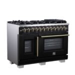 Forno Capriasca 48 Inch Freestanding French Door Dual Fuel Range in Black with Antique Brass Accessories, 8 Burners, True Convection Oven