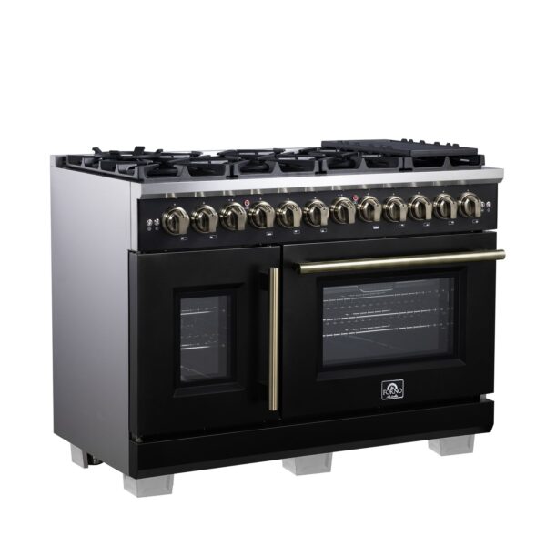 Forno Capriasca 48 Inch Freestanding French Door Dual Fuel Range in Black with Antique Brass Accessories, 8 Burners, True Convection Oven