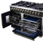 Forno Capriasca 48 Inch Freestanding French Door Dual Fuel Range in Black with Antique Brass Accessories, 8 Burners, True Convection Oven