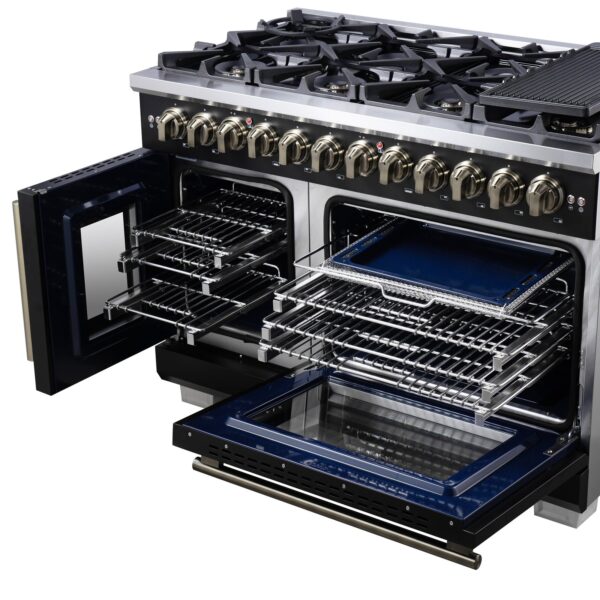 Forno Capriasca 48 Inch Freestanding French Door Dual Fuel Range in Black with Antique Brass Accessories, 8 Burners, True Convection Oven