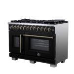 Forno Capriasca 48 Inch Freestanding French Door Dual Fuel Range in Black with Antique Brass Accessories, 8 Burners, True Convection Oven