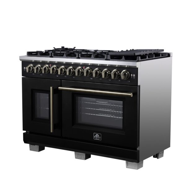 Forno Capriasca 48 Inch Freestanding French Door Dual Fuel Range in Black with Antique Brass Accessories, 8 Burners, True Convection Oven