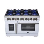 Forno Capriasca 48 Inch Freestanding French Door Dual Fuel Range in White with Antique Brass Accessories, 8 Burners, True Convection Oven
