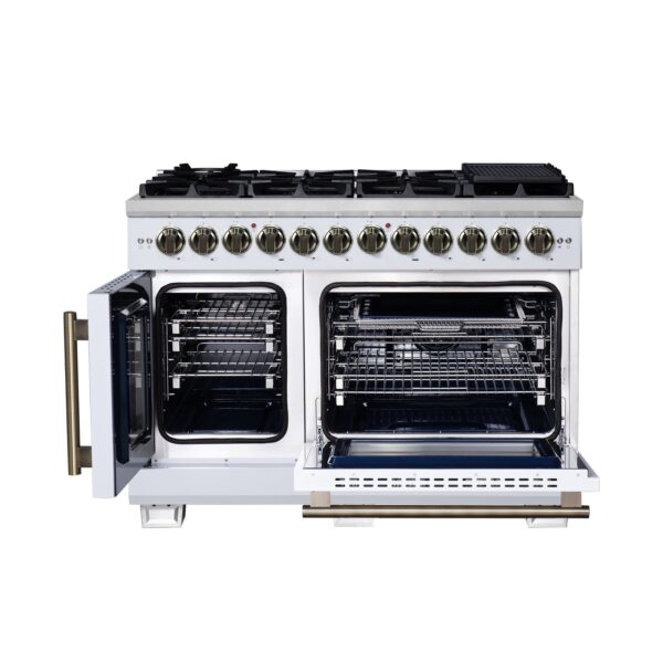 Forno Capriasca 48 Inch Freestanding French Door Dual Fuel Range in White with Antique Brass Accessories, 8 Burners, True Convection Oven