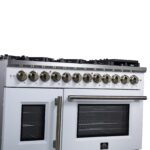Forno Capriasca 48 Inch Freestanding French Door Dual Fuel Range in White with Antique Brass Accessories, 8 Burners, True Convection Oven