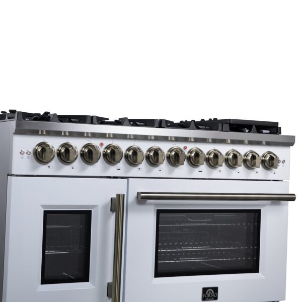 Forno Capriasca 48 Inch Freestanding French Door Dual Fuel Range in White with Antique Brass Accessories, 8 Burners, True Convection Oven