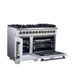 Forno Capriasca 48 Inch Freestanding French Door Dual Fuel Range in White with Antique Brass Accessories, 8 Burners, True Convection Oven