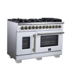 Forno Capriasca 48 Inch Freestanding French Door Dual Fuel Range in White with Antique Brass Accessories, 8 Burners, True Convection Oven