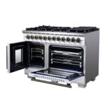 Forno Capriasca 48 Inch Freestanding French Door Dual Fuel Range in White with Antique Brass Accessories, 8 Burners, True Convection Oven
