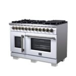 Forno Capriasca 48 Inch Freestanding French Door Dual Fuel Range in White with Antique Brass Accessories, 8 Burners, True Convection Oven