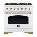 Forno Antico 36-inch Dual Fuel Range White and Antique Brass Design with 6 Sealed Gas Burners and Electric Convection Oven