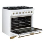 Forno Antico 36-inch Dual Fuel Range White and Antique Brass Design with 6 Sealed Gas Burners and Electric Convection Oven