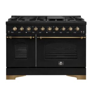 Forno Antico 48-Inch Dual Fuel Range, Black with Antique Brass Finish, 8 Burners, 94,000 BTU, 5.5 cu.ft. Double Ovens & Griddle