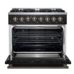 Forno Galiano 36-inch Dual Fuel Range in Black & Antique Brass Design, 6 Sealed Burners 83,000 BTU, 5.36 cu.ft. True Convection Oven