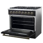Forno Galiano 36-inch Dual Fuel Range in Black & Antique Brass Design, 6 Sealed Burners 83,000 BTU, 5.36 cu.ft. True Convection Oven