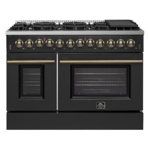Galiano 48-inch Dual Fuel Range Black & Antique Brass Design with 8 Sealed Burners 107,000 BTU, 6.58 cu. ft. double ovens & Griddle