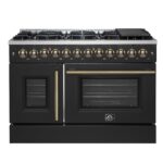 Forno Galiano 48-inch French Door Dual Fuel Range, Black & Antique Brass Design, 8 Sealed Burners - 107,000 BTU, Griddle, 6.58 cu.ft. Double Ovens