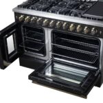 Forno Galiano 48-inch French Door Dual Fuel Range, Black & Antique Brass Design, 8 Sealed Burners - 107,000 BTU, Griddle, 6.58 cu.ft. Double Ovens