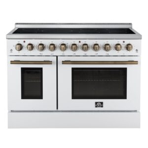 Forno Paolo 48 Inch Freestanding Electric Range in White with Antique Brass, 6.7 cu.ft