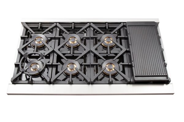 FORNO Capriasca 48-inch Gas Range Stainless Steel, 8 Brass Burners 160,000 BTU, 6.58 cu.ft. Double Oven, Black Doors