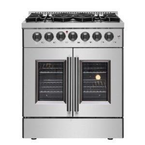 Forno Galiano 30-inch French Door Dual Fuel Range All Stainless Steel, 5 Sealed Burners 68,000 BTU, 4.32 cu.ft. True Convection Oven