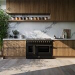Forno Galiano 48-inch French Door Dual Fuel Range, Black & Antique Brass Design, 8 Sealed Burners - 107,000 BTU, Griddle, 6.58 cu.ft. Double Ovens
