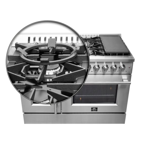 FORNO Galiano 48-Inch French Door Dual Fuel Range All Stainless Steel, 8 Sealed Burners, 107,000 BTU, Griddle, 6.58 cu.ft. Double Ovens