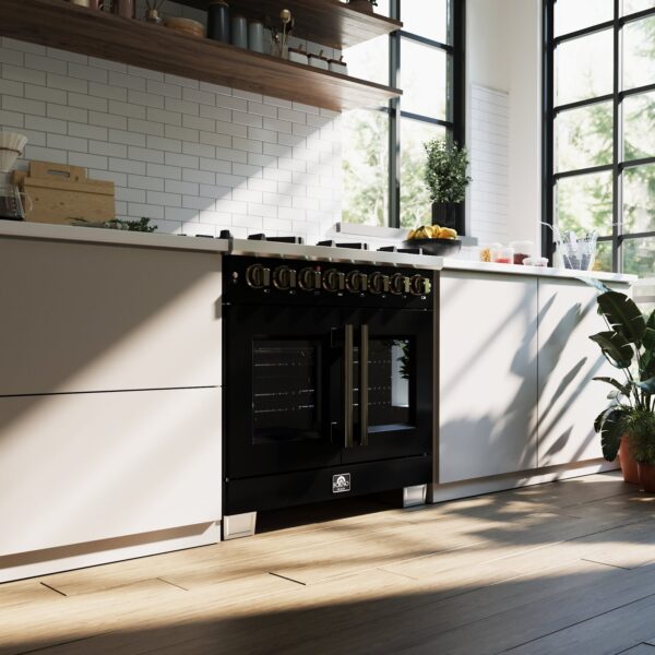 Forno Capriasca 36 Inch Freestanding French Door Dual Fuel Range in Black with Antique Brass Accessories, 6 Burners, True Convection Oven