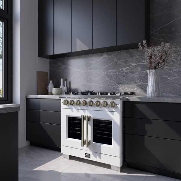 Forno Capriasca 36 Inch Freestanding French Door Dual Fuel Range in White with Antique Brass Accessories, 6 Burners, True Convection Oven