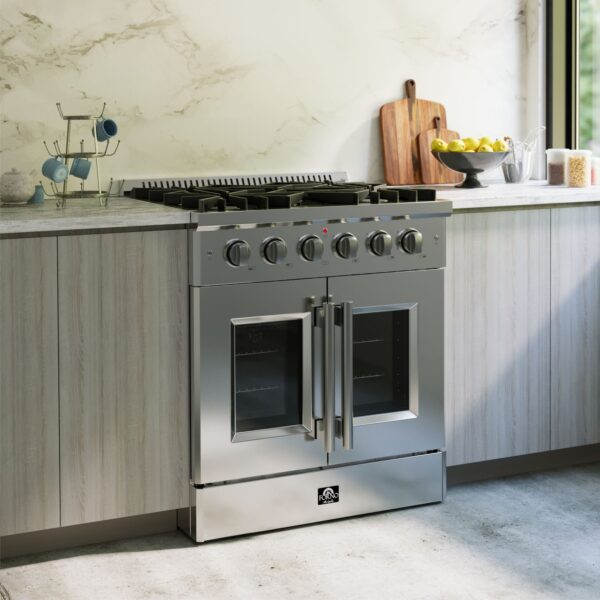 Forno Galiano 30-Inch Freestanding French Door Gas Range, 5 Burners, Convection Oven, Energy Efficient