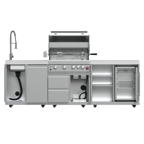 FORNO Bulnes 30-Inch BBQ, 60,000 BTU, 3 Burners with Sear & Rotisserie Infrared Burners, Stainless Steel Outdoor Kitchen with 1.8 cu.ft. Beverage Center & White Sintered Stone Countertops