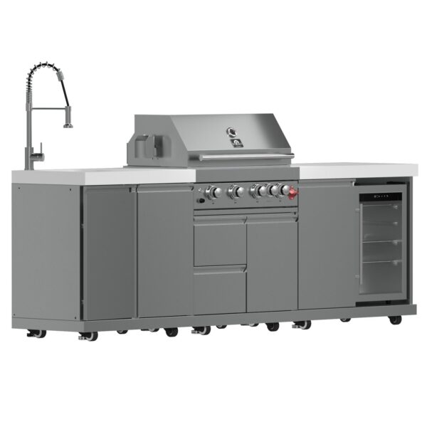 FORNO Bulnes 30-Inch BBQ, 60,000 BTU, 3 Burners with Sear & Rotisserie Infrared Burners, Stainless Steel Outdoor Kitchen with 1.8 cu.ft. Beverage Center & White Sintered Stone Countertops